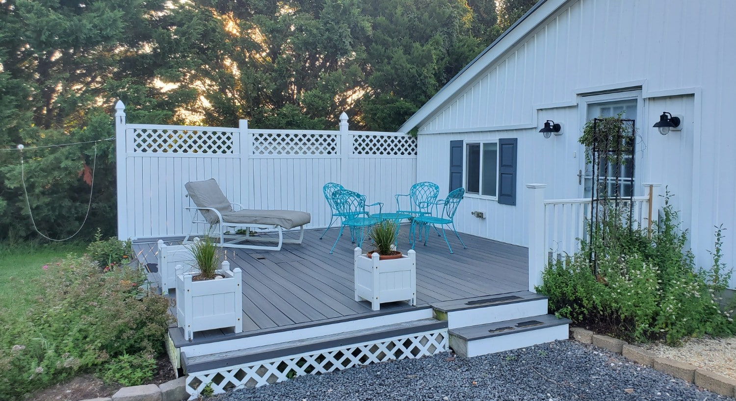 wood deck with blue furniture