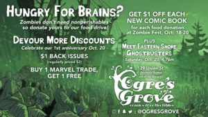 Poster for Ogres Grove Comic Store in downtown Milton