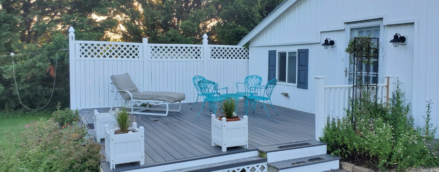 wood deck with blue furniture