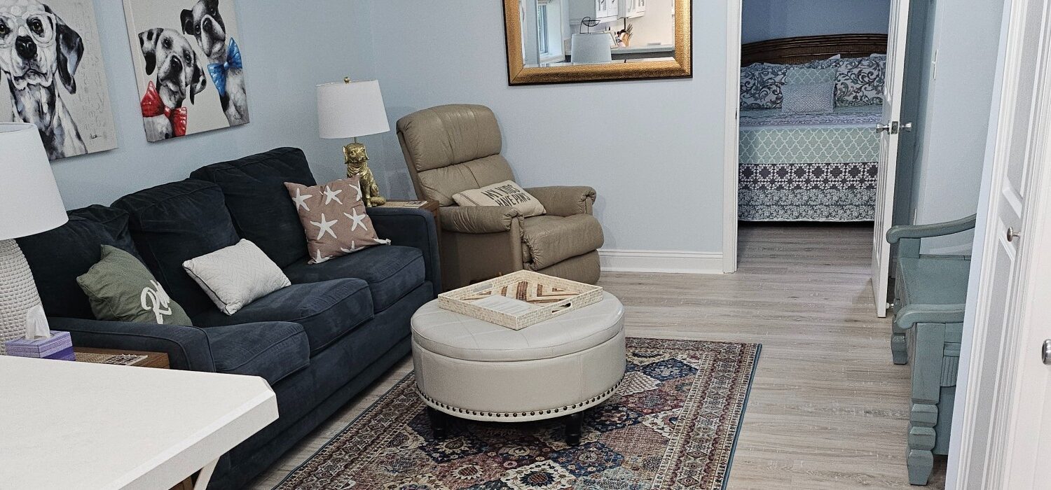 LIving room with Navy blue couch and round white ottoman