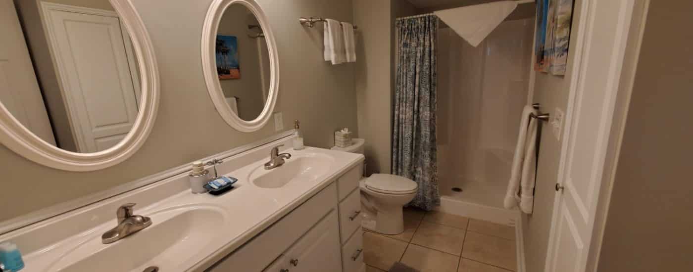 White double vanity sink with shower