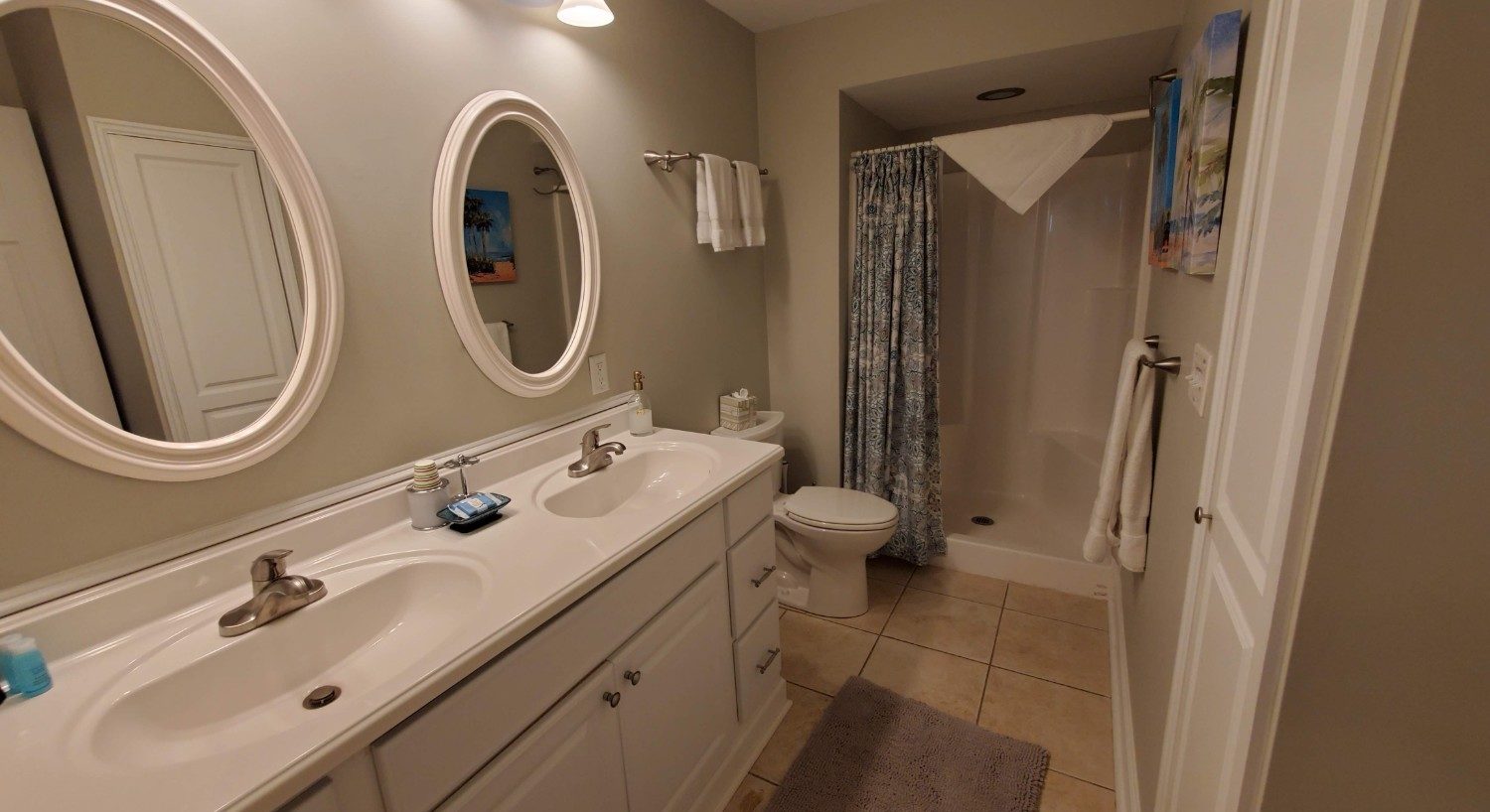 White double vanity sink with shower