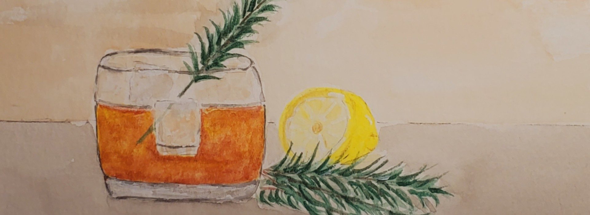 painting of a glass with orange drink and rosmary