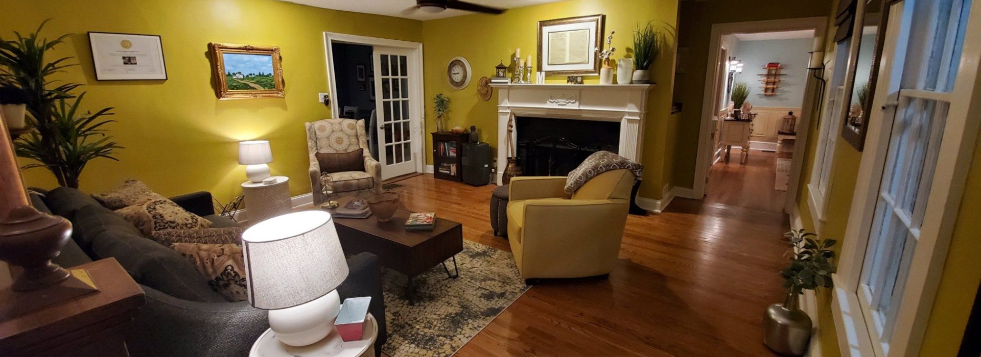 LIving room in gold and tan colors