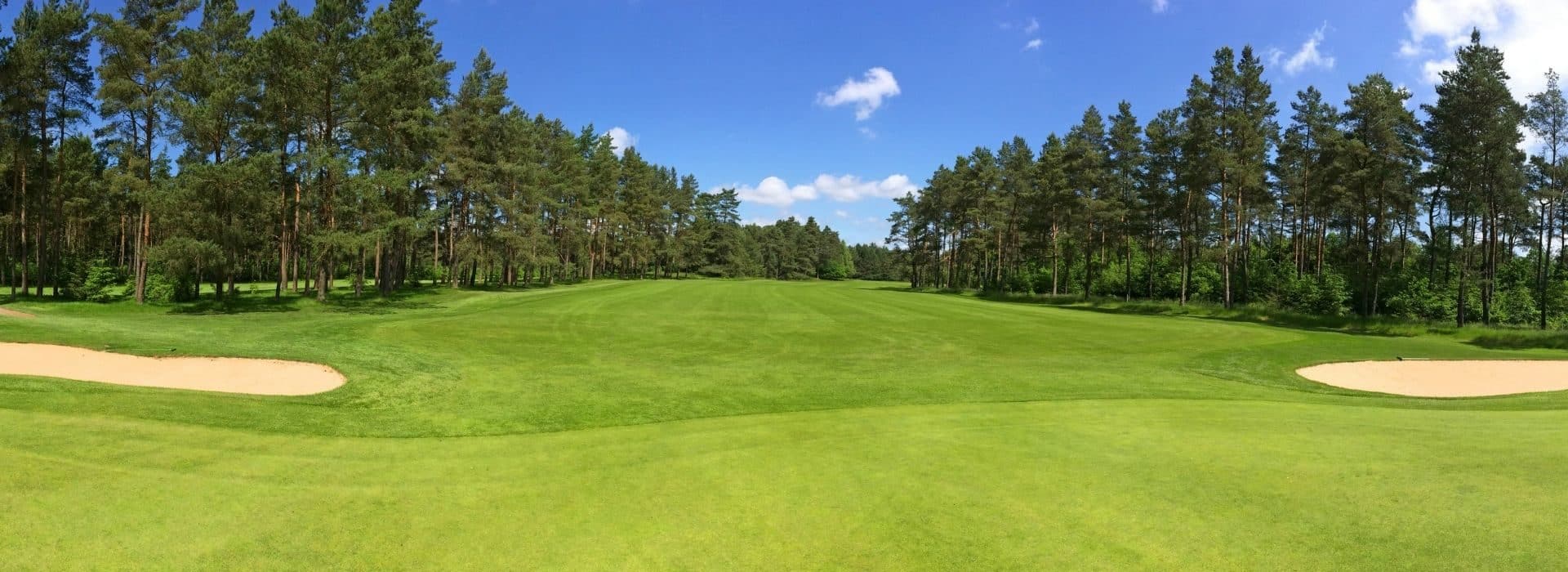 Stunning view of a grassy green golf course with bunkers on each side surrounded by tall trees and blue skies