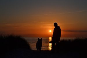 Sunset in the background with a man and his dog shadowed